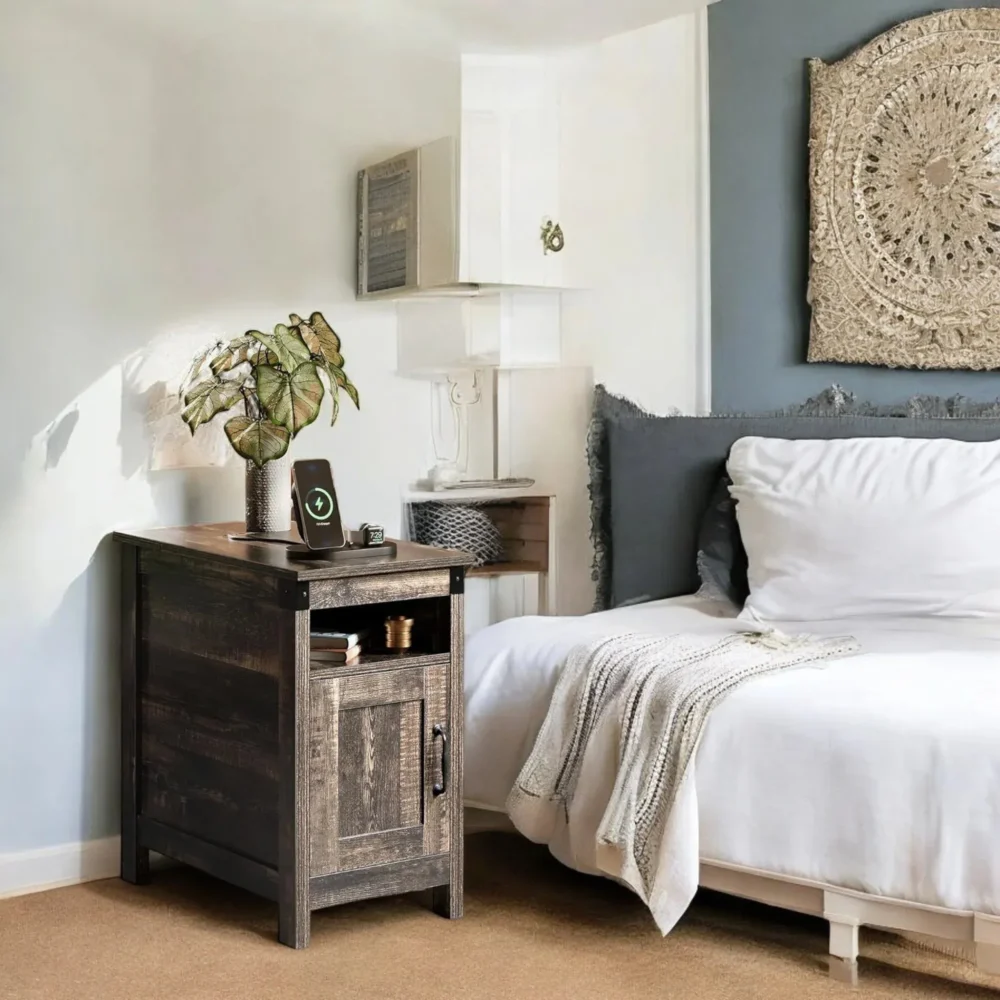 Rustic Nightstand With Door And Open Shelf