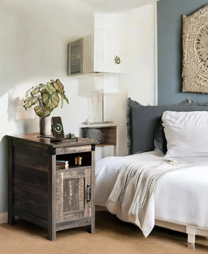 Rustic Nightstand With Door And Open Shelf