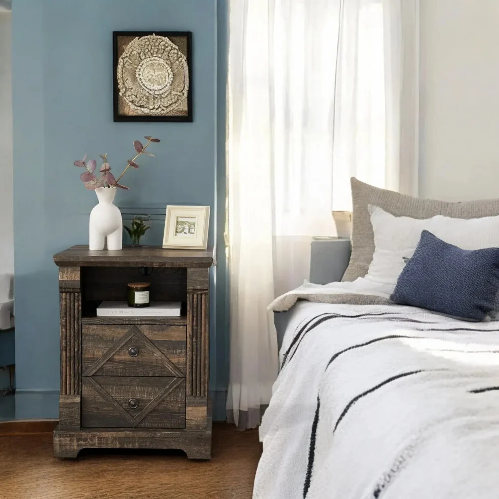 Farmhouse Nightstand With Drawers Rustic