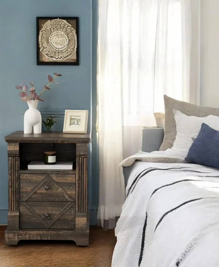 Farmhouse Nightstand With Drawers Rustic