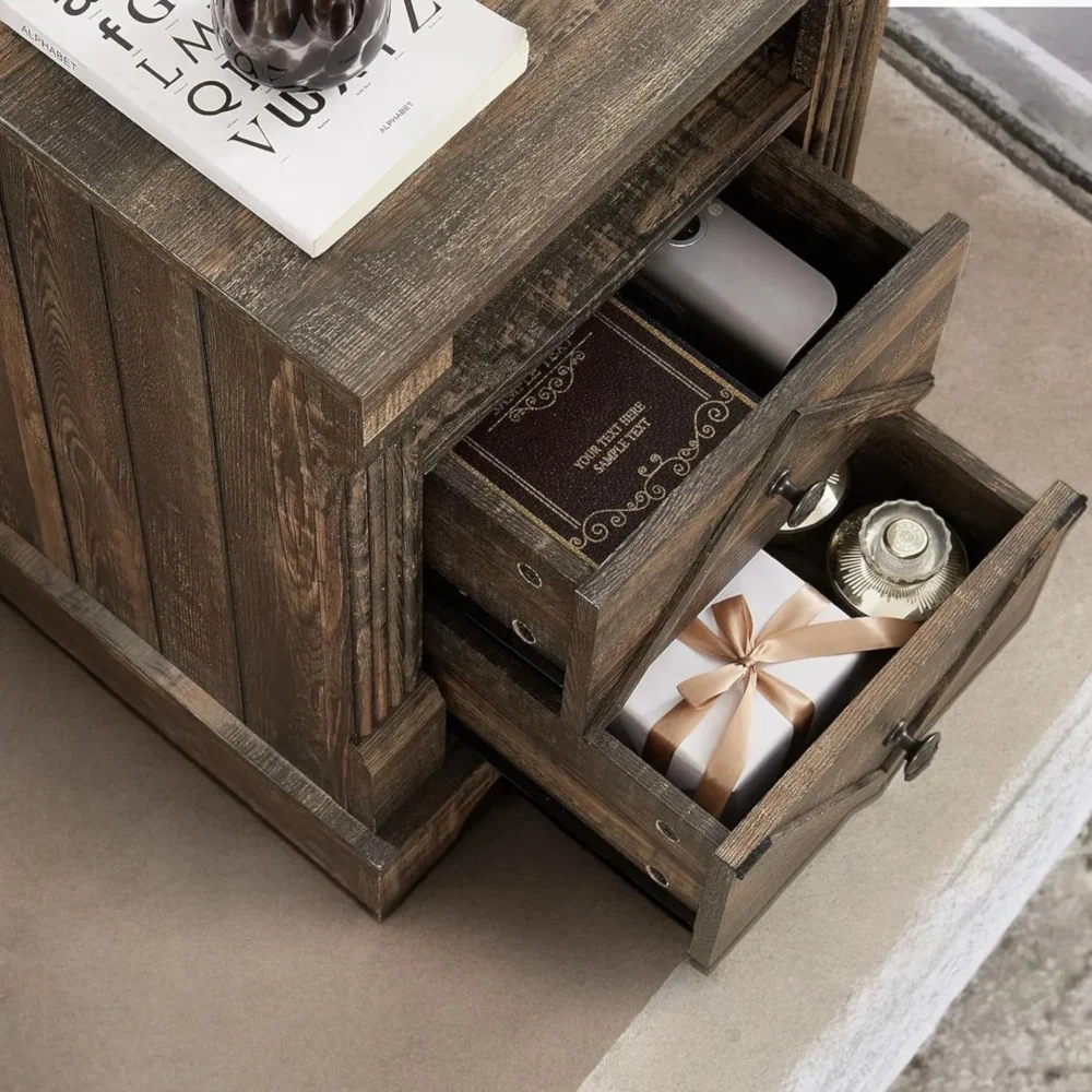 Farmhouse Nightstand With Drawers Rustic - Image 2