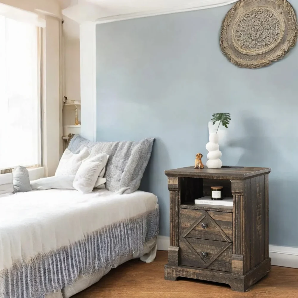 Farmhouse Nightstand With Drawers Rustic - Image 3