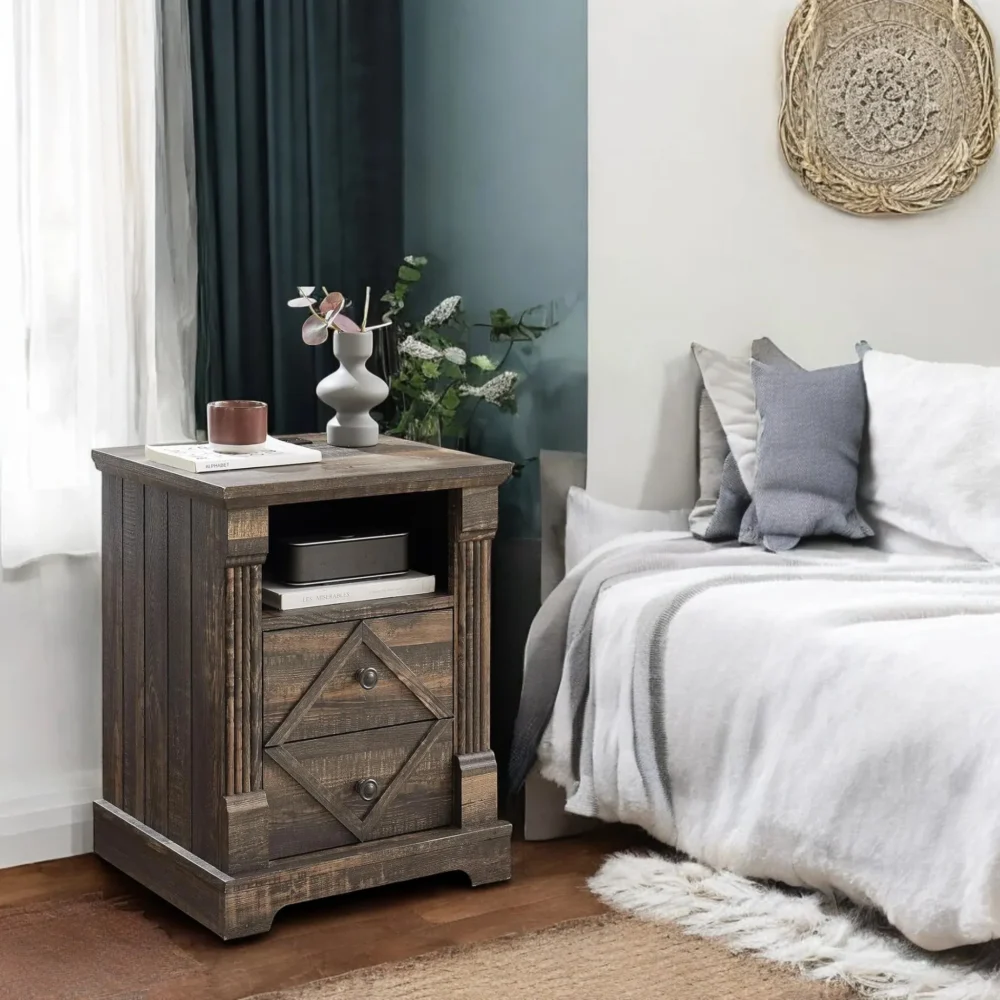 Farmhouse Nightstand With Drawers Rustic - Image 4