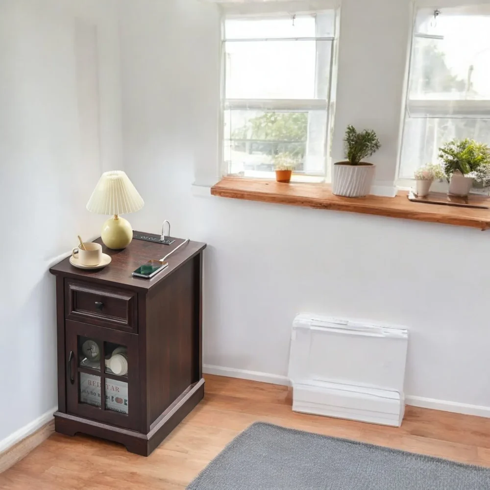 End Table With Drawer Glass Door And Usb Ports