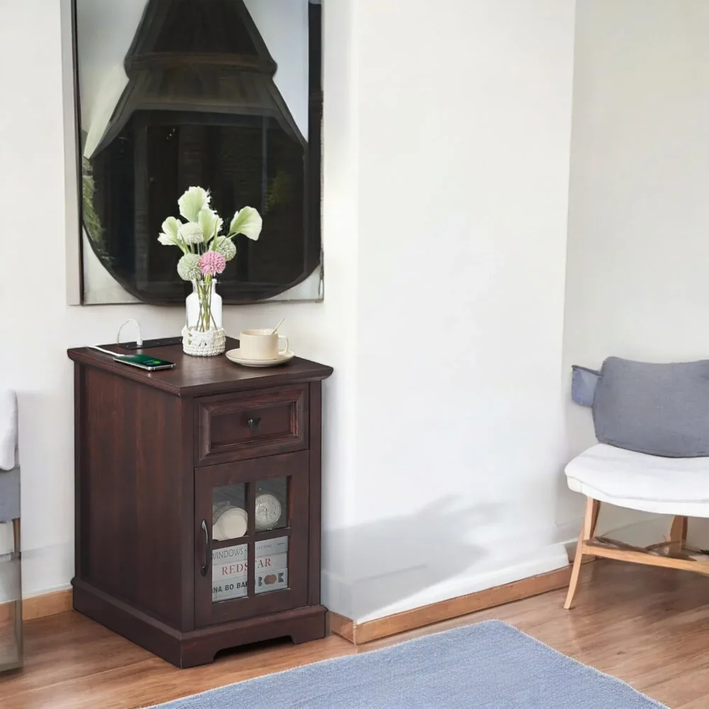 End Table With Drawer Glass Door And Usb Ports - Image 2
