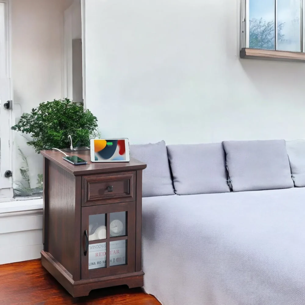 End Table With Drawer Glass Door And Usb Ports - Image 3