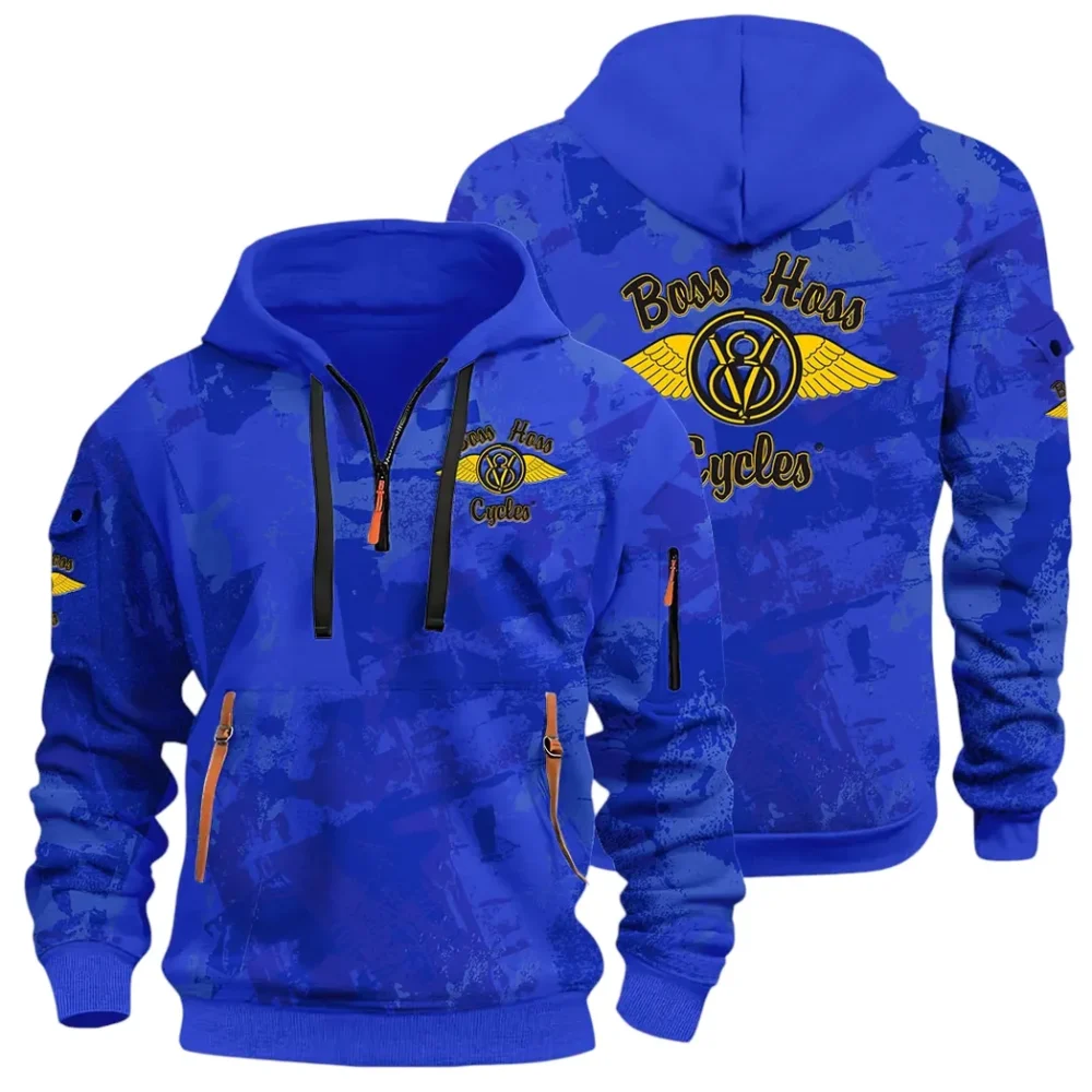 Muscle Motorcycle Hoodie Half Zip 3D Print, Rugged & Comfortable Streetwear Outfit CAR514 - Blue
