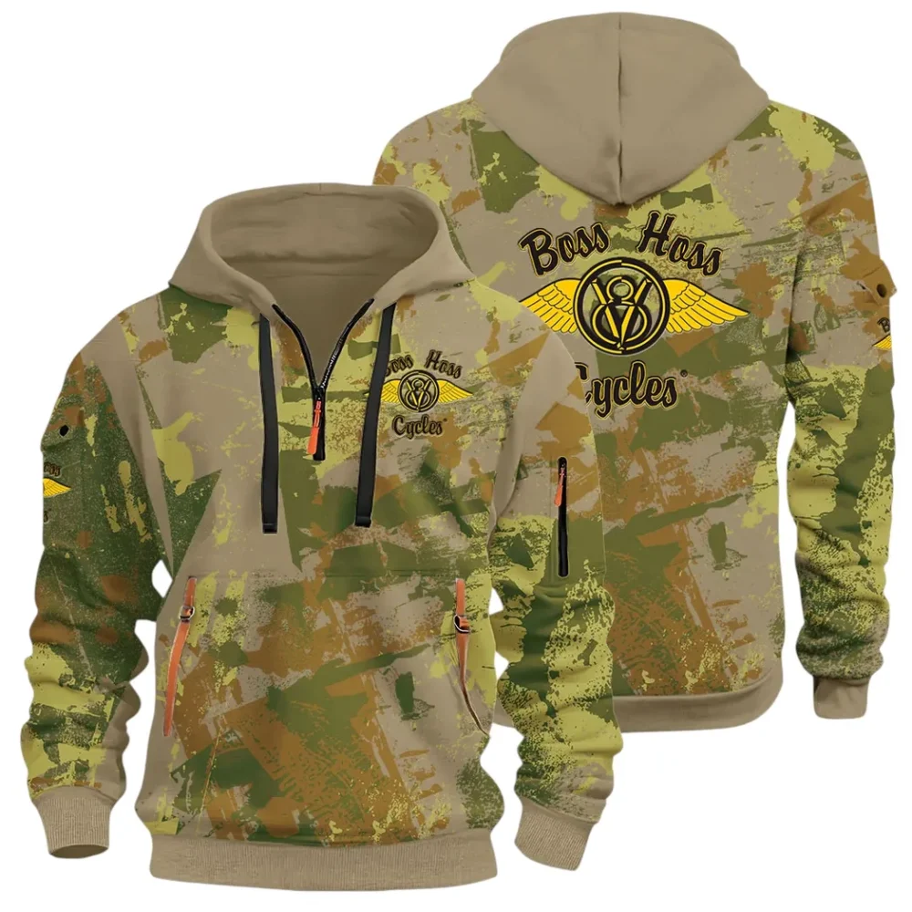 Muscle Motorcycle Hoodie Half Zip 3D Print, Rugged & Comfortable Streetwear Outfit CAR514 - Khaki