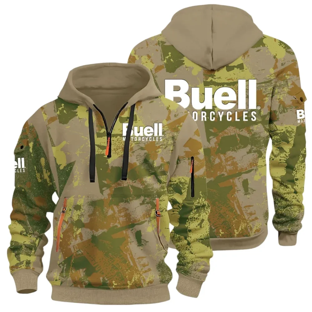 Lightweight Motorcycle Hoodie Half Zip 3D Print, Streetwear Casual Look Outfit CAR514 - Khaki