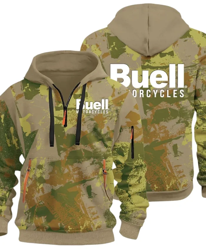 Lightweight Motorcycle Hoodie Half Zip 3D Print, Streetwear Casual Look Outfit CAR514 - Khaki