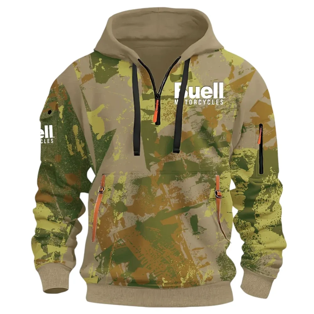 Lightweight Motorcycle Hoodie Half Zip 3D Print, Streetwear Casual Look Outfit CAR514 - Khaki - Image 2