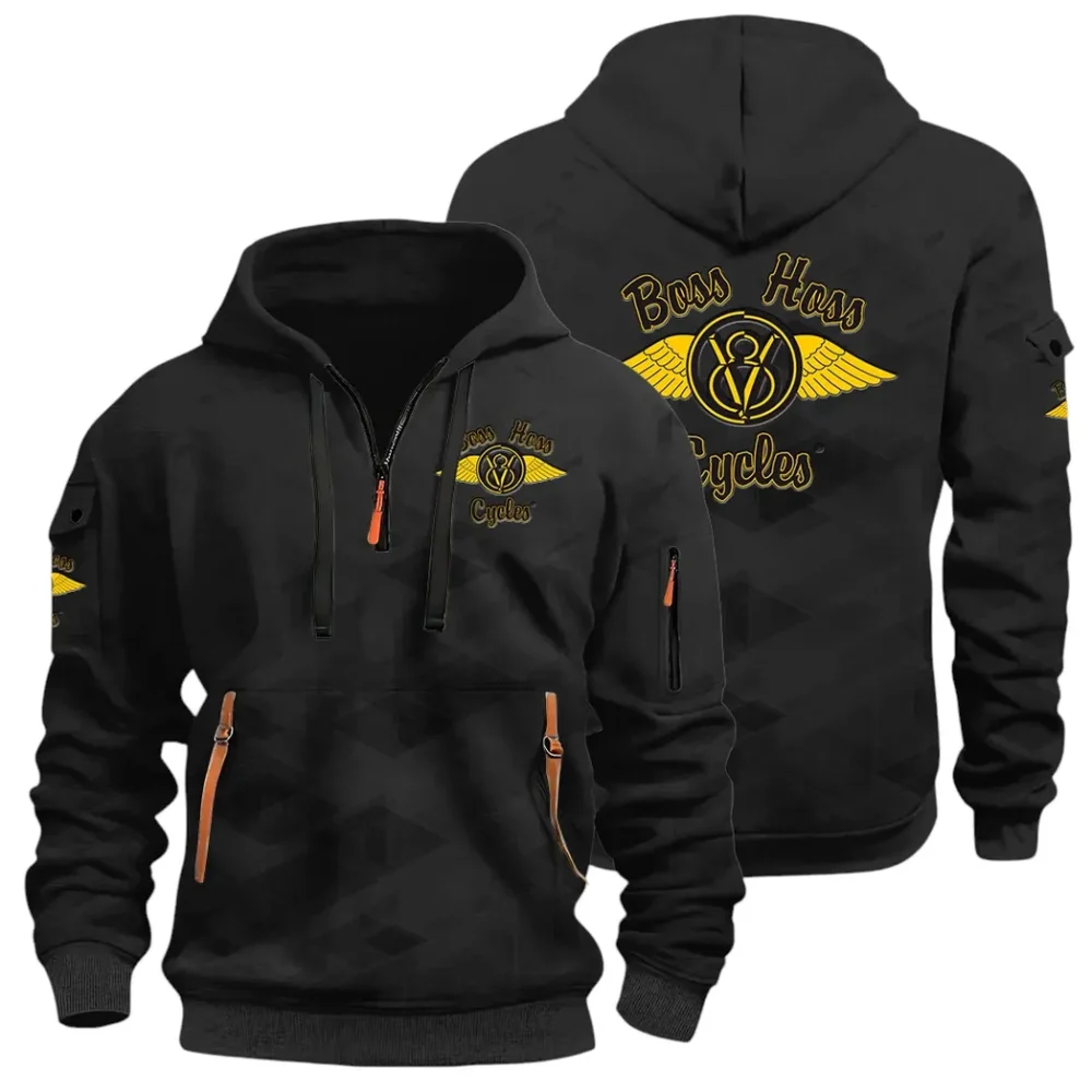 Big Engine Bike Hoodie Half Zip 3D Print, Streetwear Casual Look Outfit CAR514 - Black