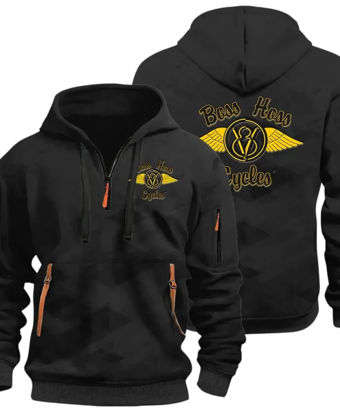 Big Engine Bike Hoodie Half Zip 3D Print, Streetwear Casual Look Outfit CAR514 - Black
