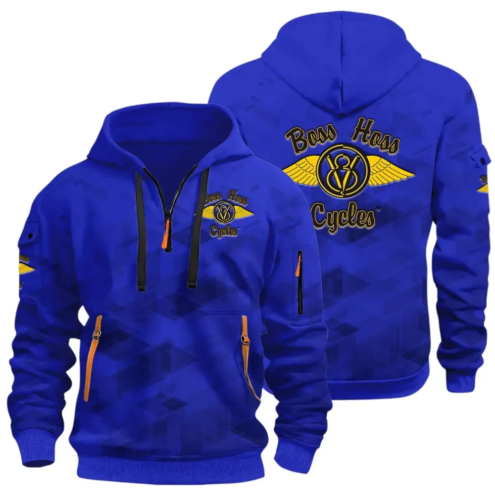 Big Engine Bike Hoodie Half Zip 3D Print, Streetwear Casual Look Outfit CAR514 - Blue