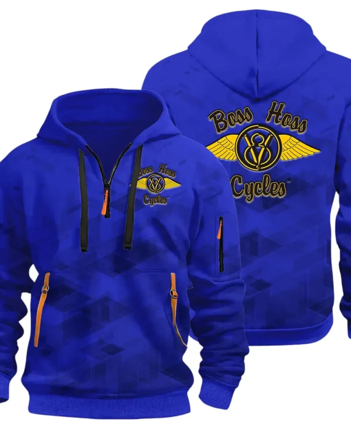 Big Engine Bike Hoodie Half Zip 3D Print, Streetwear Casual Look Outfit CAR514 - Blue