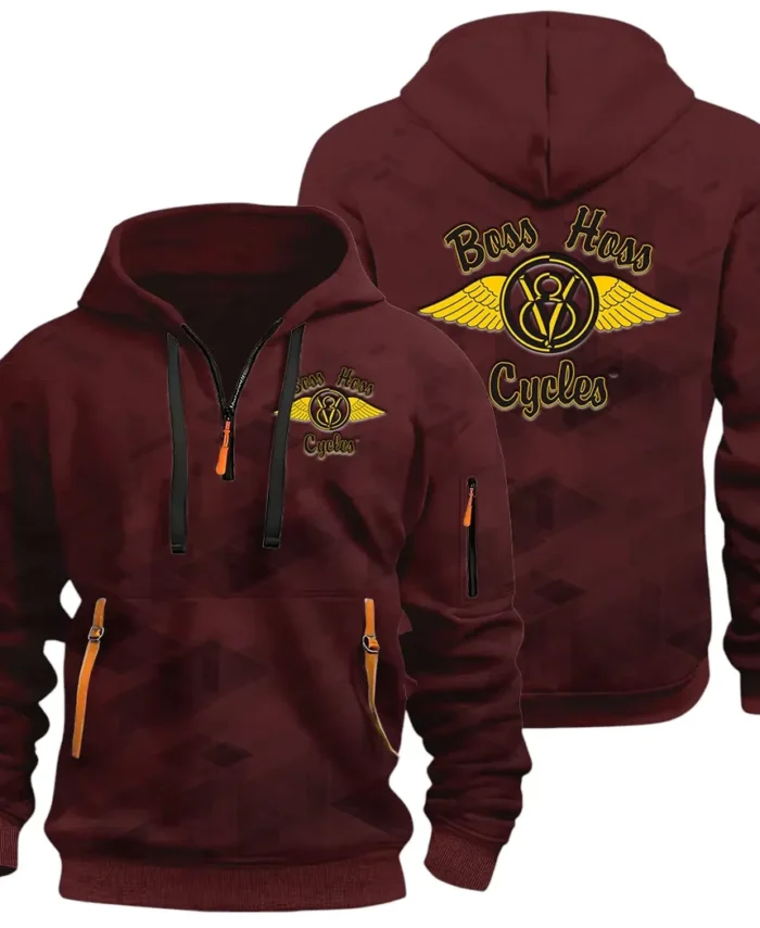 Big Engine Bike Hoodie Half Zip 3D Print, Streetwear Casual Look Outfit CAR514 - Dark Red