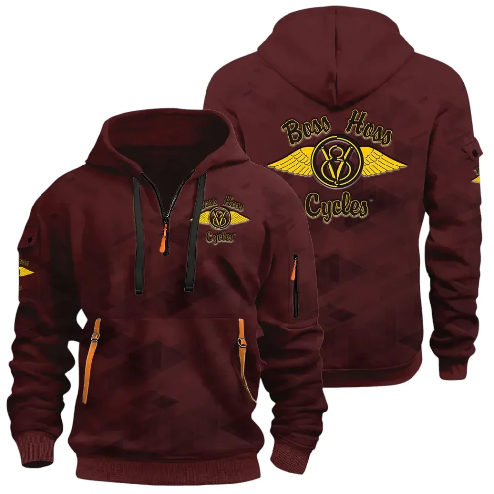 Big Engine Bike Hoodie Half Zip 3D Print, Streetwear Casual Look Outfit CAR514 - Dark Red - Image 2